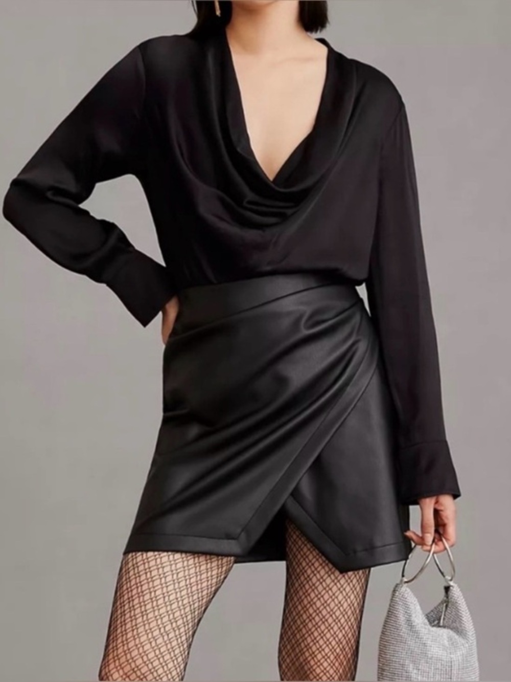 New Anthropologie Maeve Plunge Faux Vegan Leather Black Dress Long Sleeve Mini 0